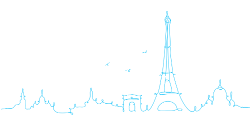 Un dessin au trait de l'horizon de Paris avec la tour Eiffel au milieu.