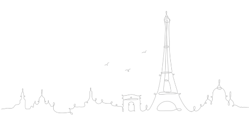 Un dessin au trait de l'horizon de Paris avec la tour Eiffel au milieu.