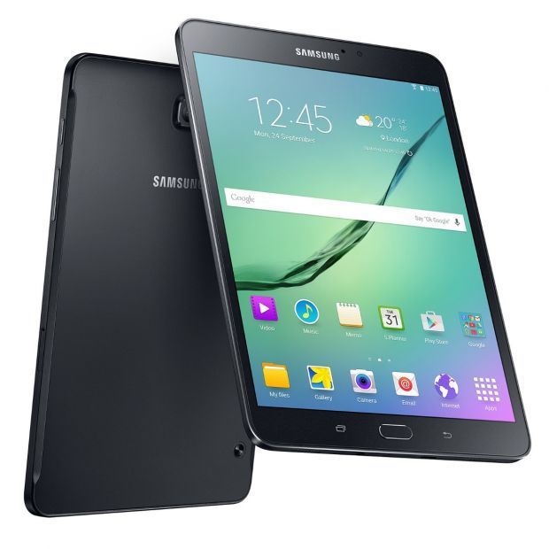 Tablette Samsung Galaxy Tab S2 en noir, vue avant et arrière, montrant l'écran et les boutons.
