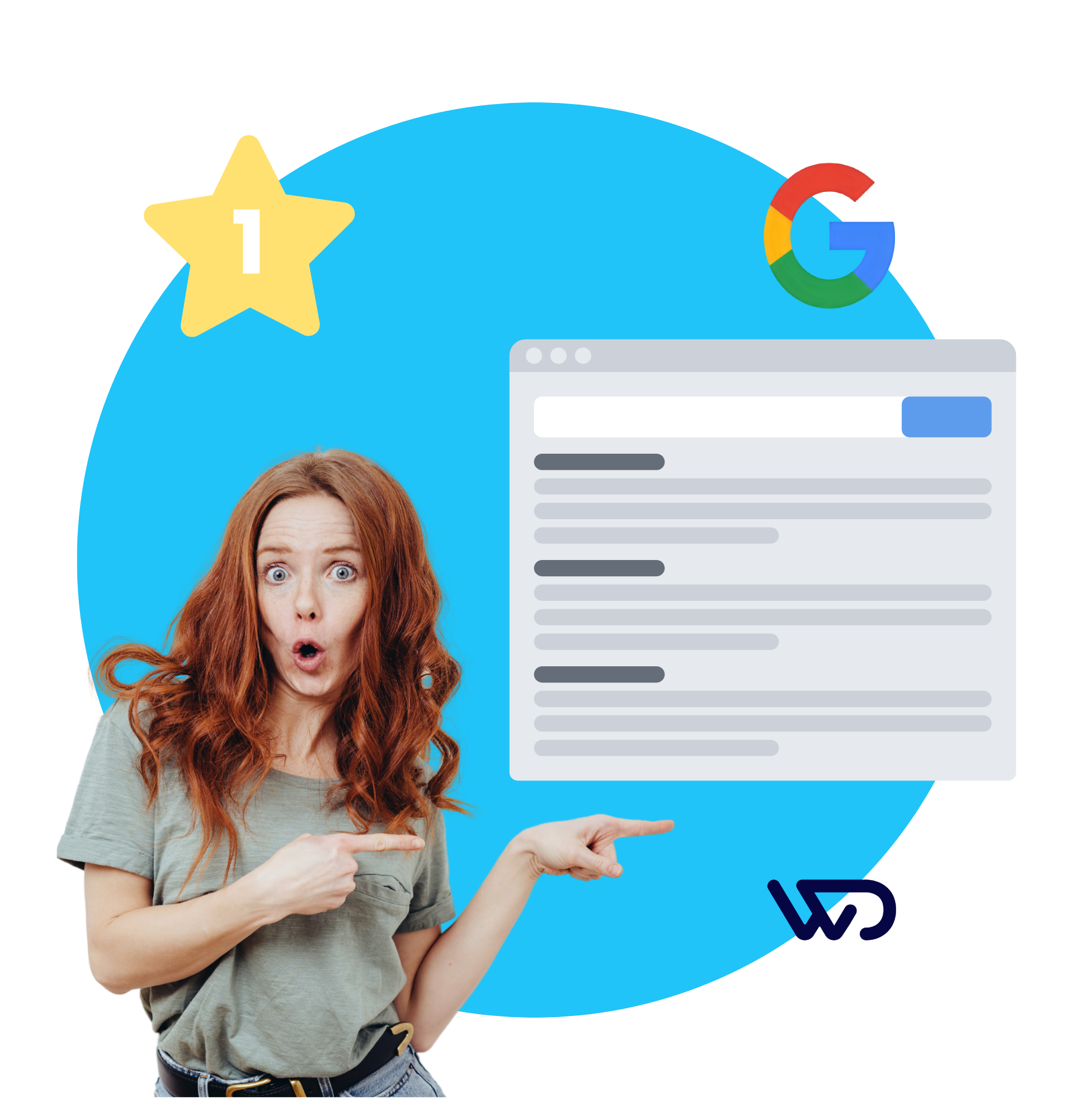 Une femme pointe vers une page de recherche Google.