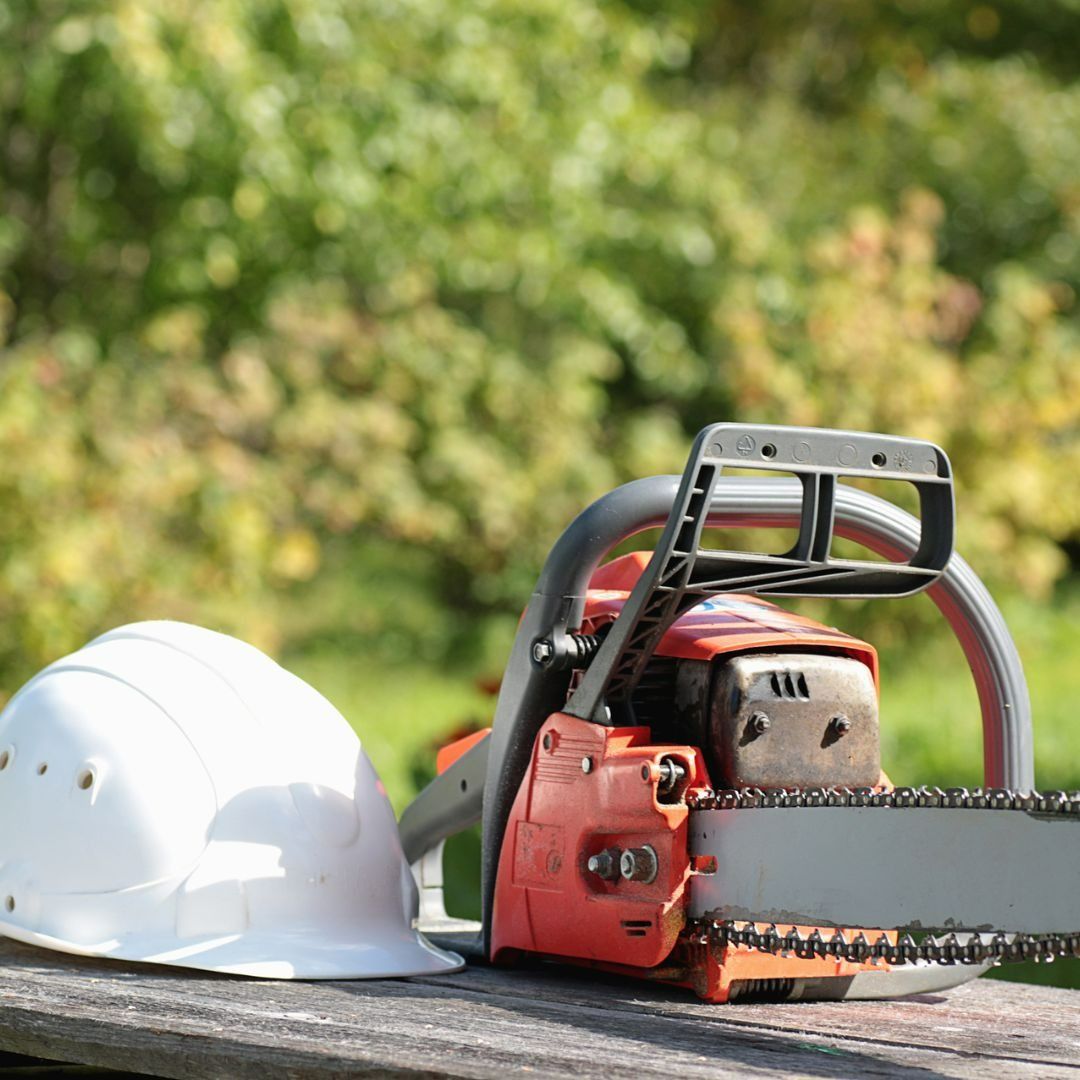 A Chainsaw And A Hard Hat Are Sitting On A Wooden Table — Coastal Farm & Motorcycles In Babinda, QLD