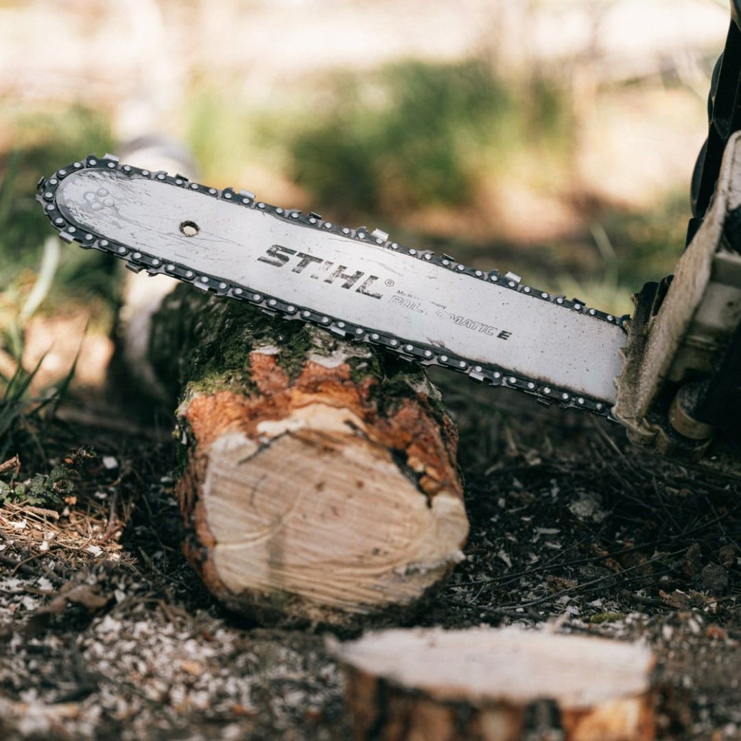 A Chainsaw Is Cutting A Log In The Woods — Coastal Farm & Motorcycles In Tully, QLD