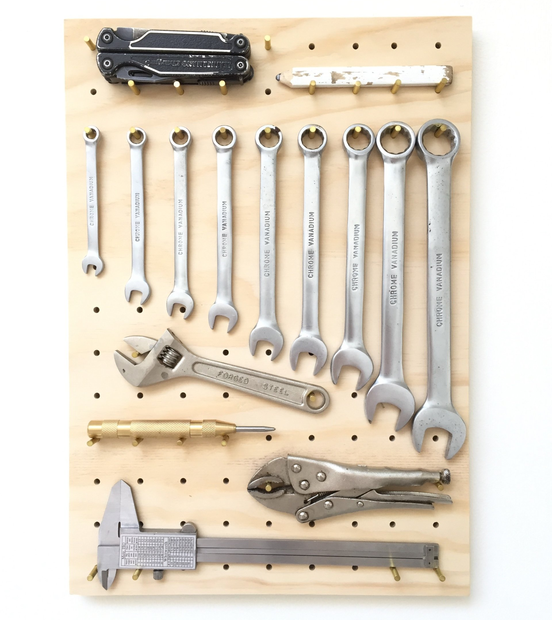 birch plywood pegboard brass pegs