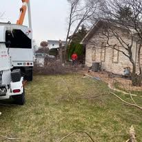 A tree stump removal truck is parked in front of a house.
