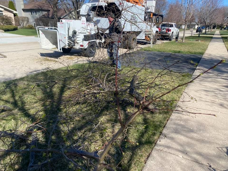 A man is standing in front of a tree chipper in a yard.