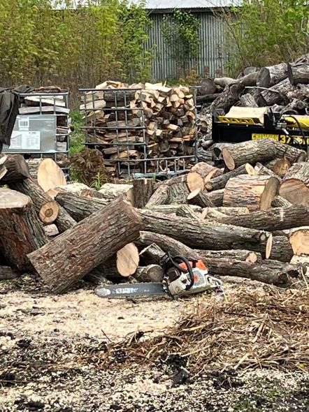 A pile of logs and a chainsaw in a field.