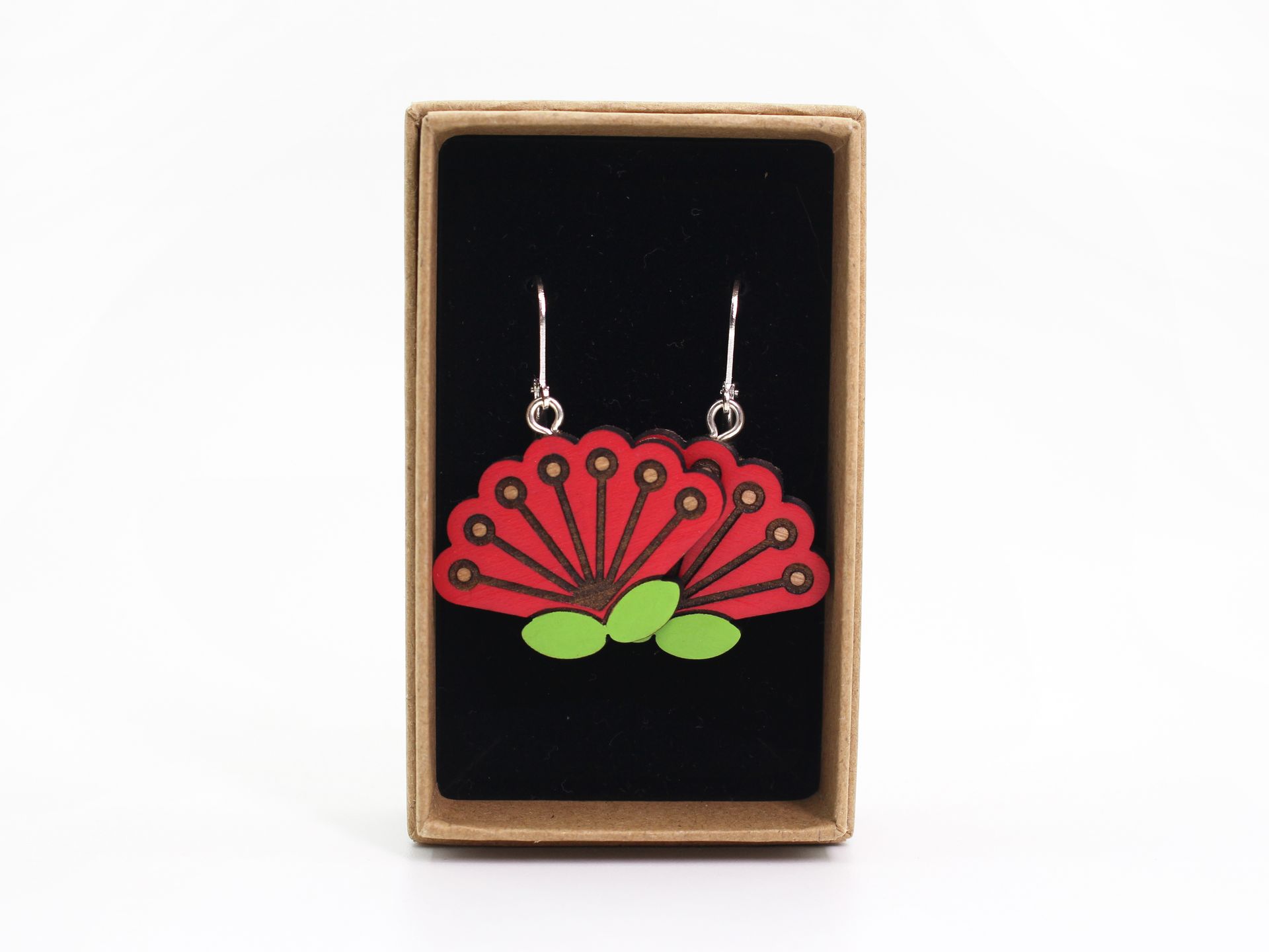 Pohutukawa Flower Hook Earrings - Rimu Wood