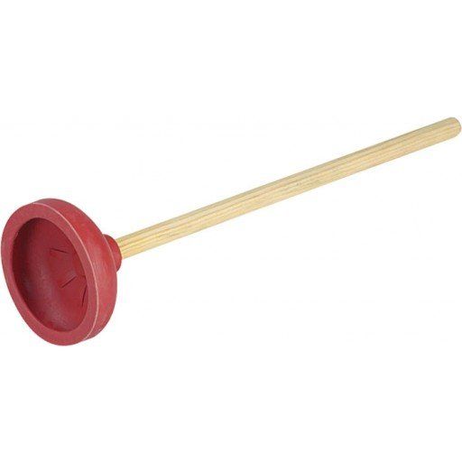 A red plunger with a wooden handle on a white background