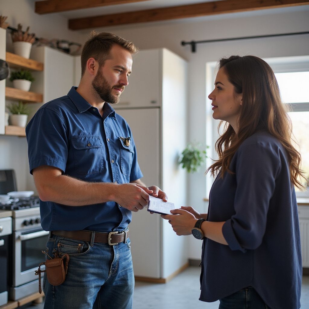 Man in work clothes hands a card to a woman in a kitchen.
