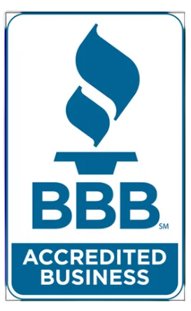 A blue and white bbb accredited business logo on a white background.