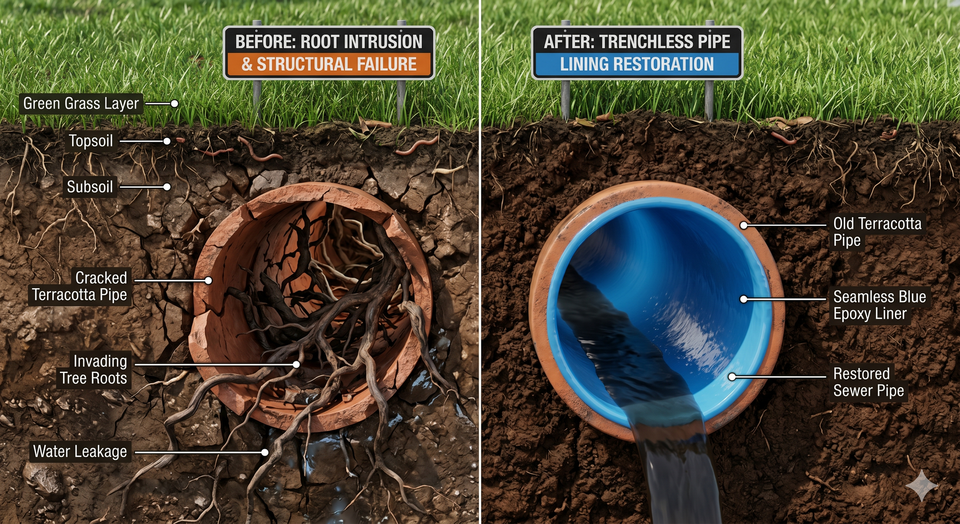 Split-view infographic of a clogged brown drainpipe and a clean blue one, with labels comparing buildup and flow