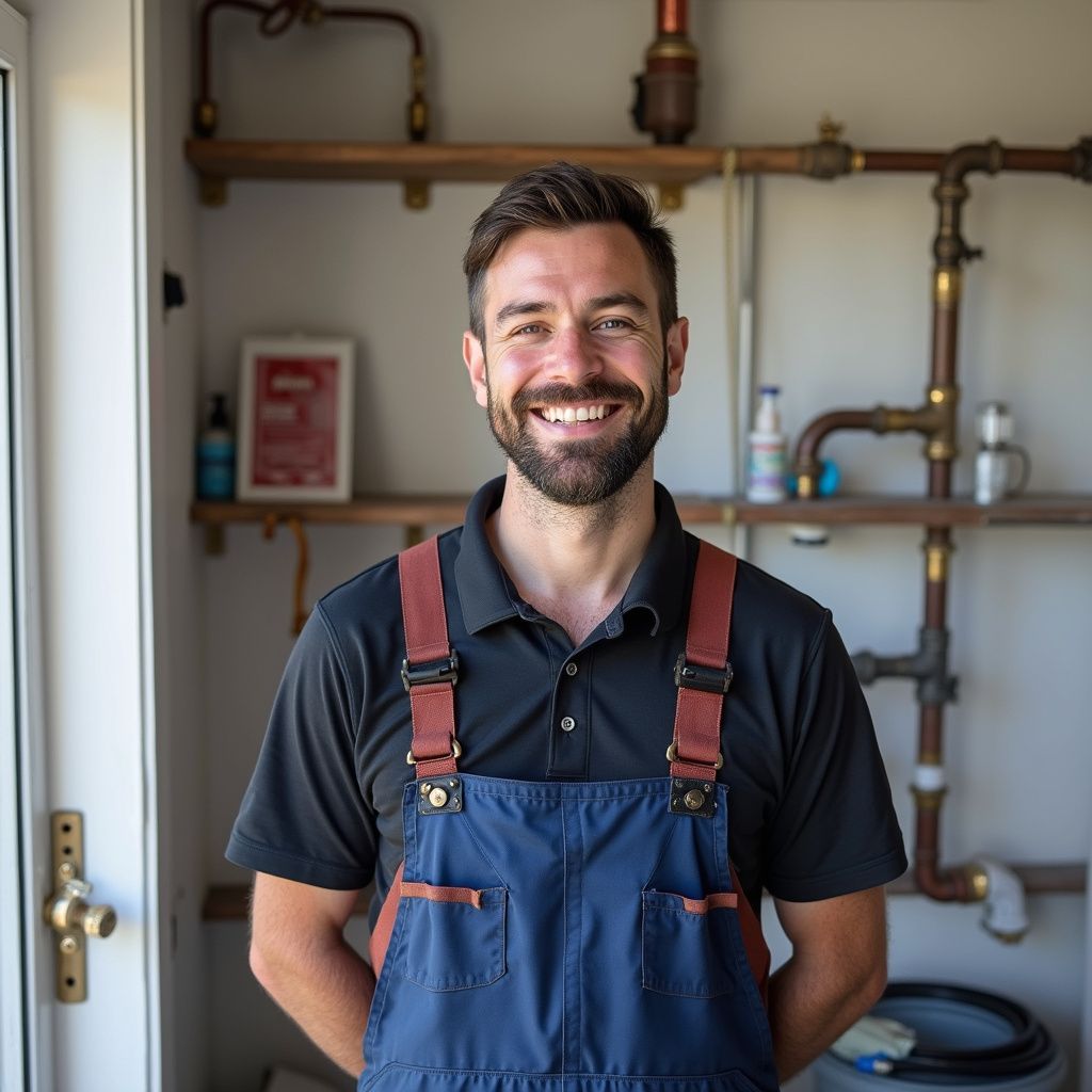 Man wearing blue overalls smiling in front of copper pipes.
