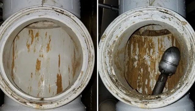 A before and after picture of a dirty pipe and a clean pipe.