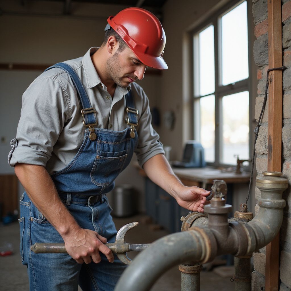 Man in overalls and hard hat using a wrench on pipes in a workshop.