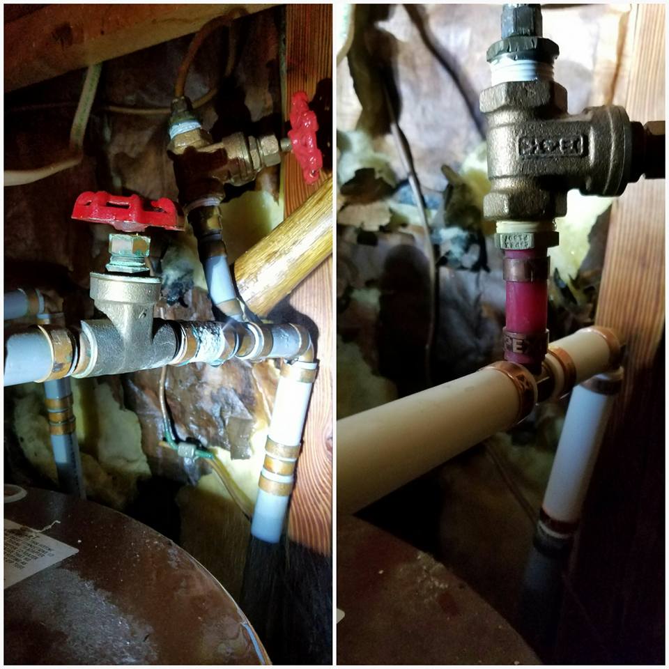 A collage of two pictures of water pipes in a house.