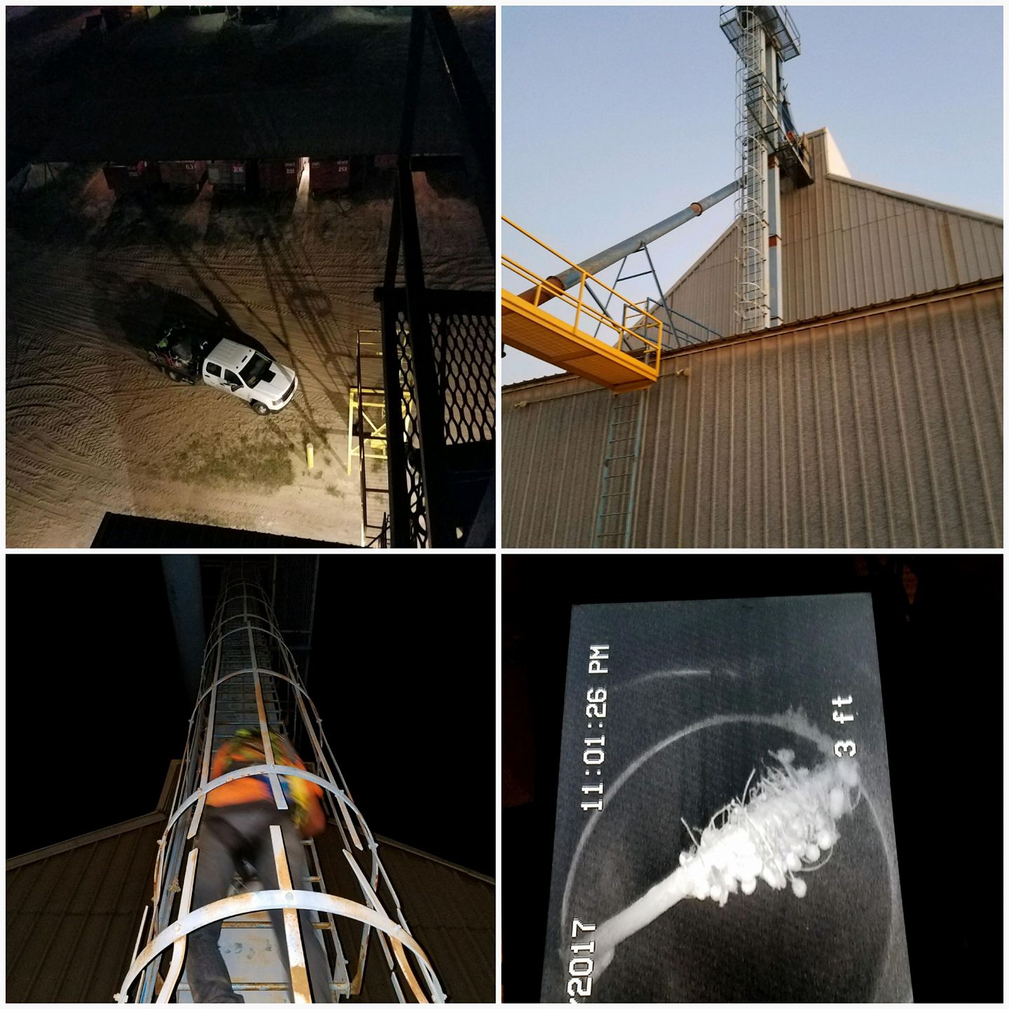 A collage of photos shows a car being lifted into a building