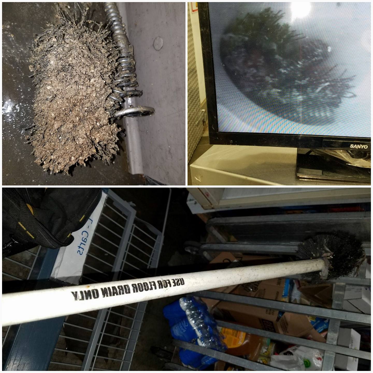 A collage of pictures shows a drain cleaner being used to clean a pipe