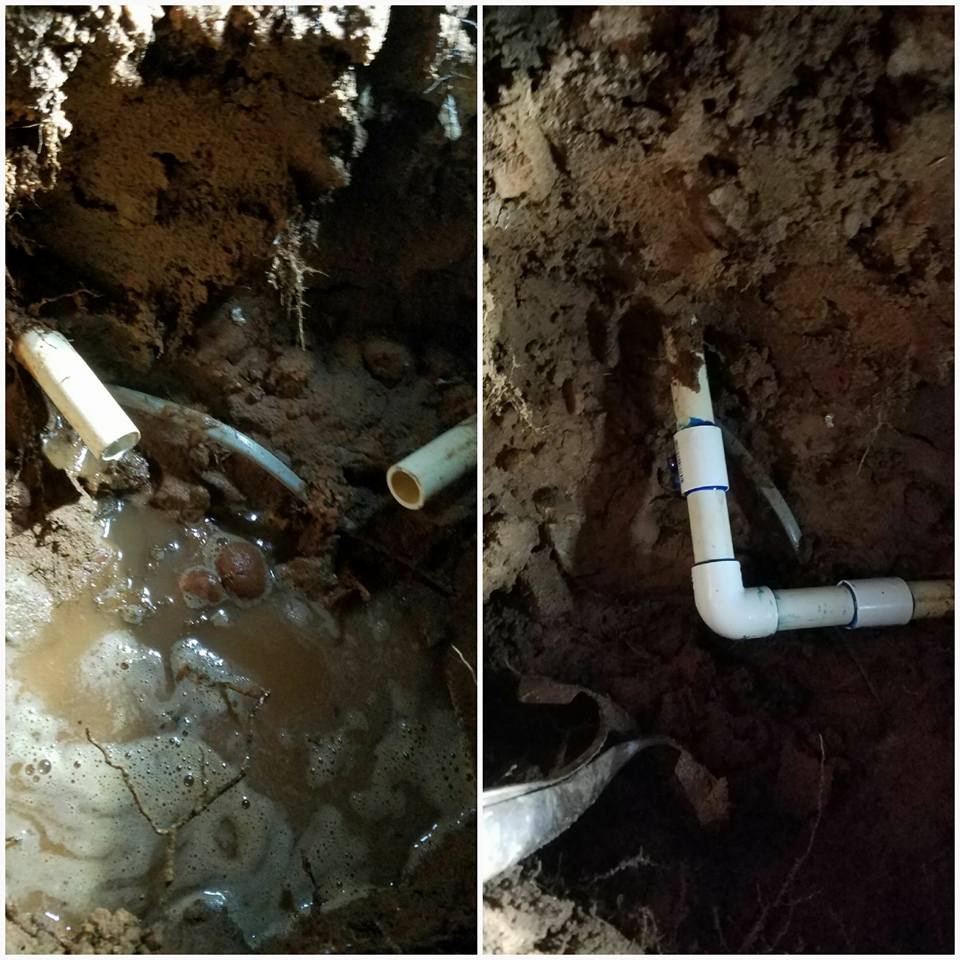 A collage of two pictures showing a pipe in the dirt