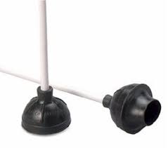 Two black plungers with white handles on a white background.