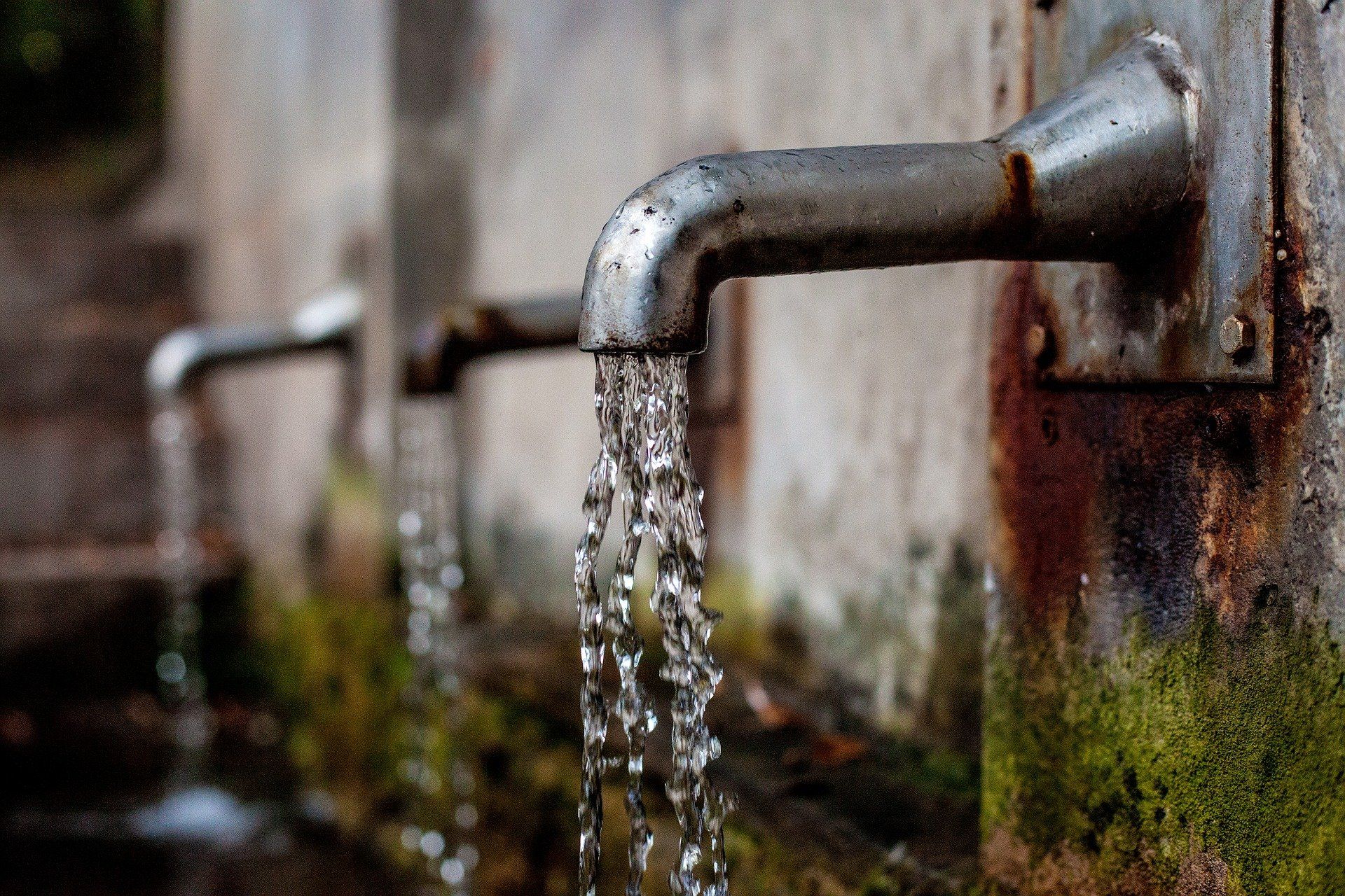 A row of faucets with water coming out of them.