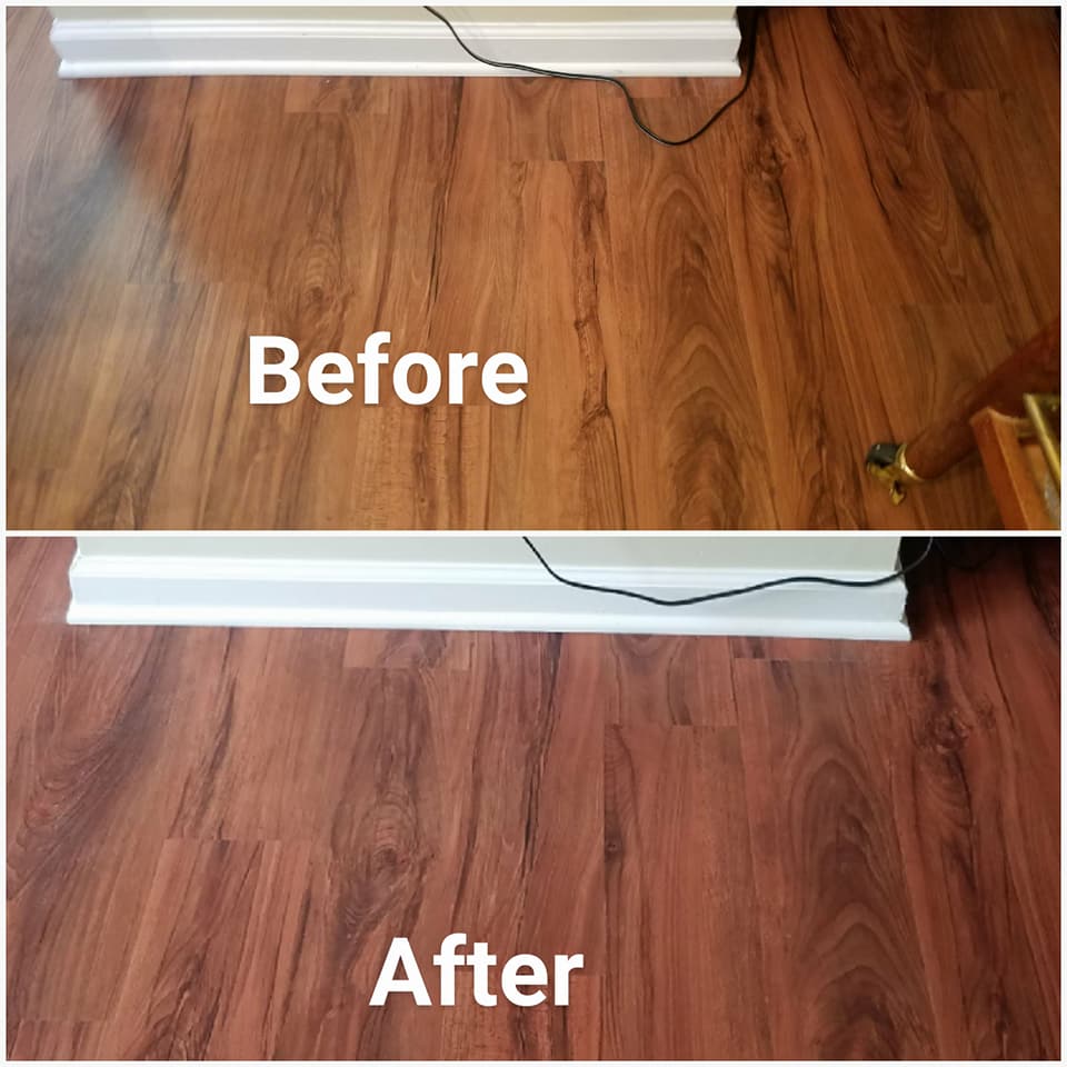 A before and after picture of a wooden floor