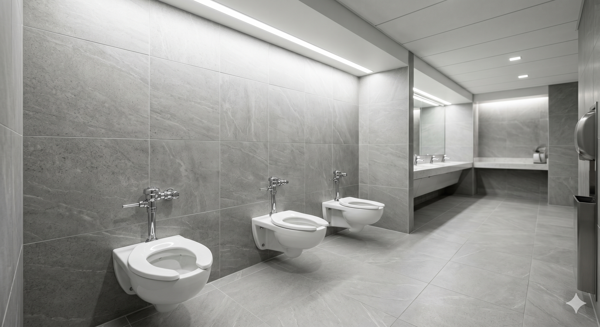 Modern public restroom with row of white toilets, sinks, and gray tiled walls and floor