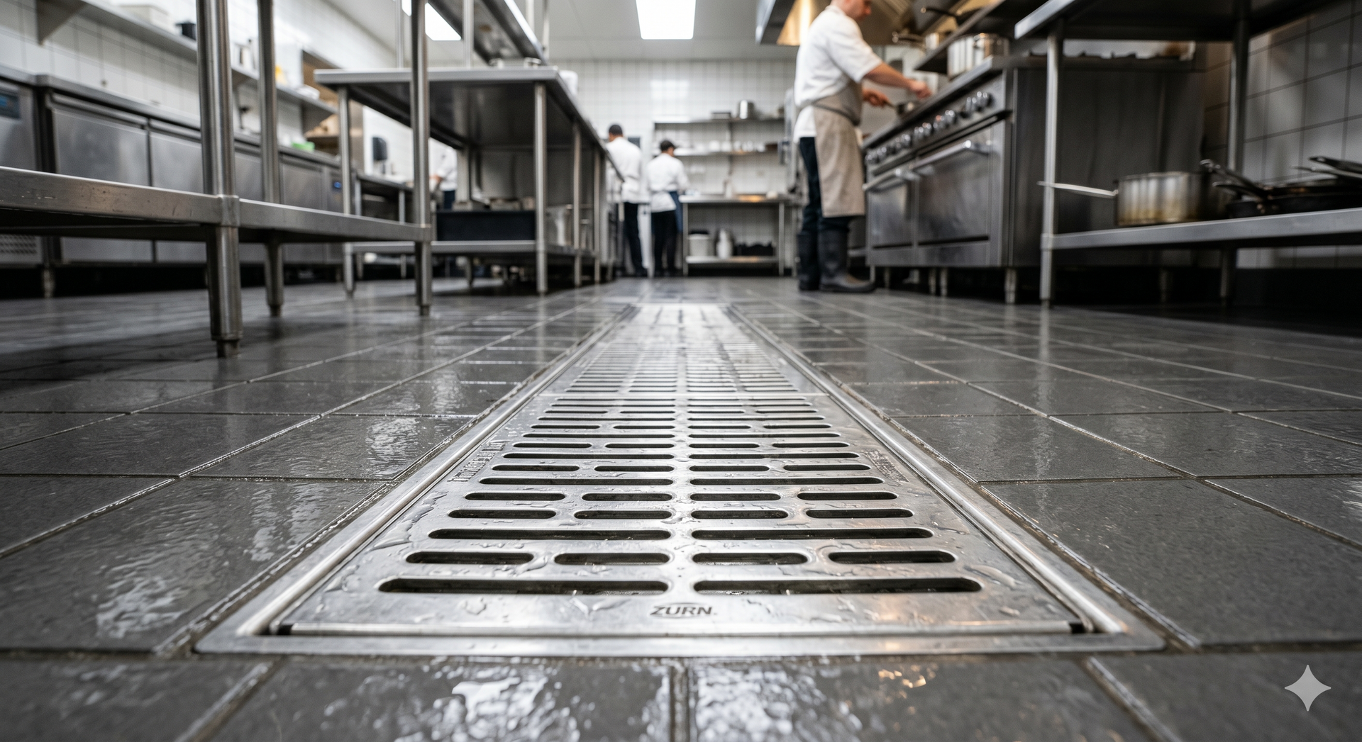 Wet commercial kitchen floor with a long metal drain grate and a worker in the background