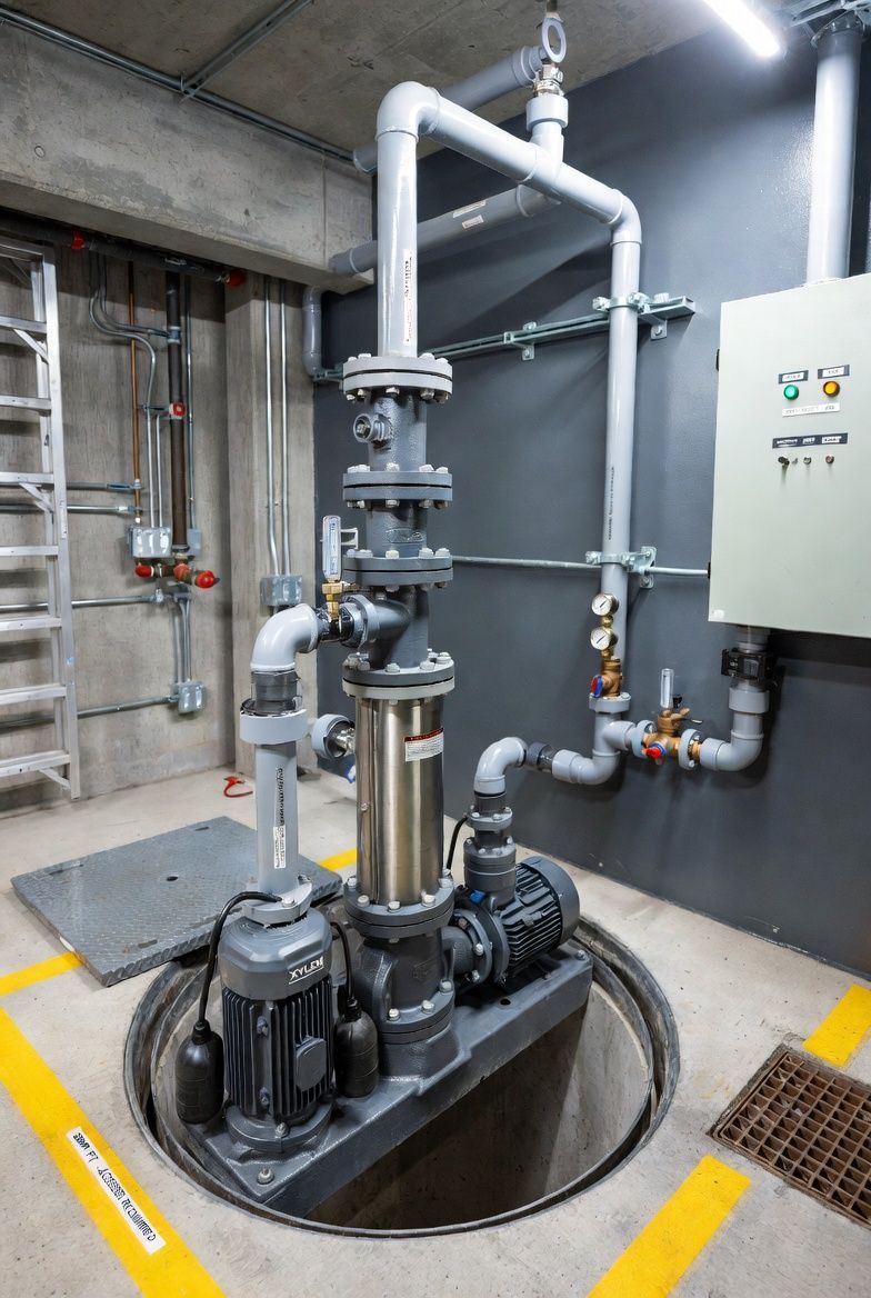 Industrial pump and pipe assembly in a concrete utility room with control panel and overhead piping
