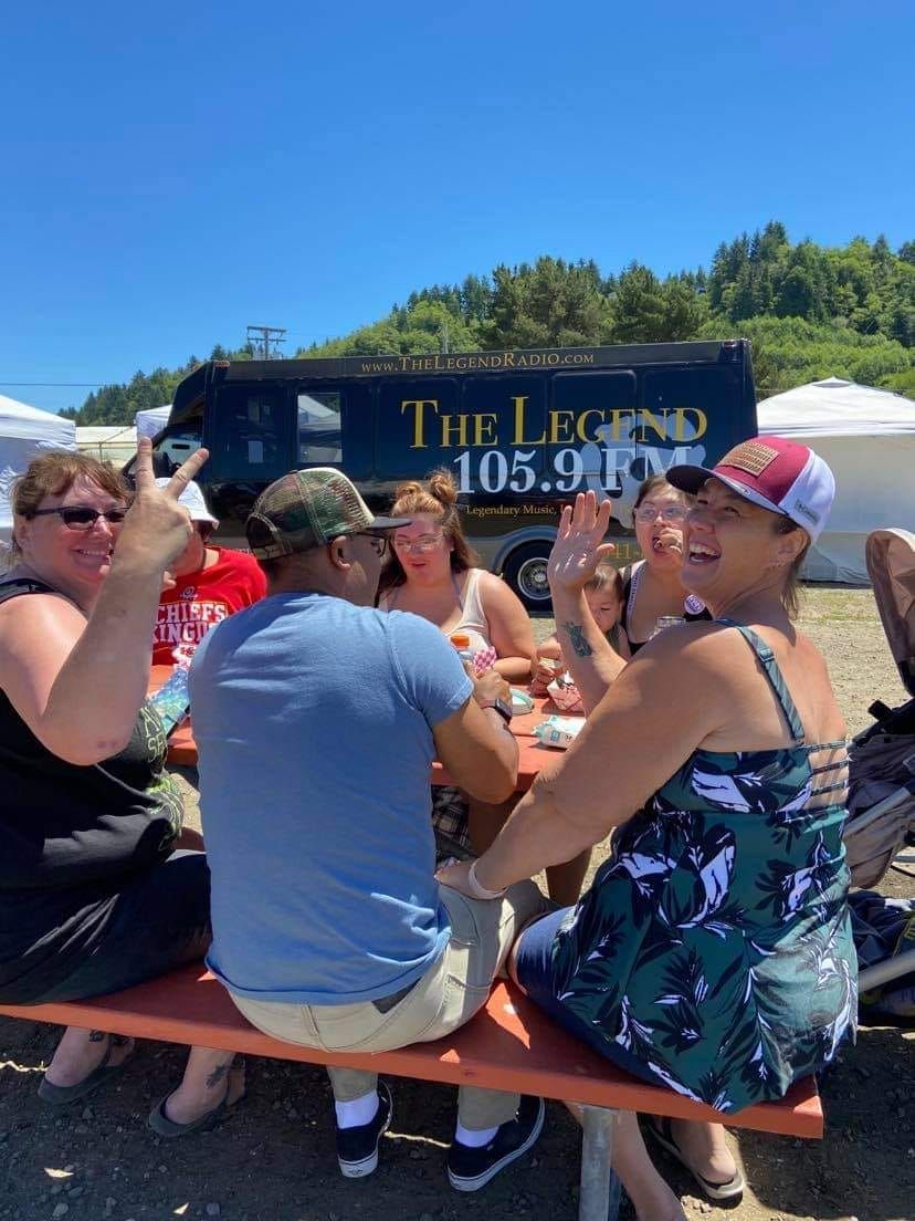 A group of people are sitting at a picnic table.
