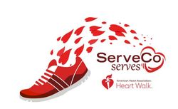 The logo for serveco serves heart walk shows a red shoe with hearts coming out of it.