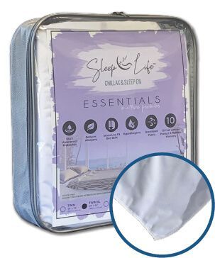 A white mattress protector is in a clear plastic bag.