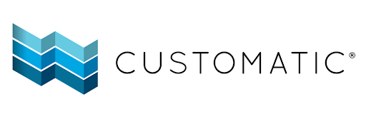 A logo for a company called customatic with a blue arrow on a white background.