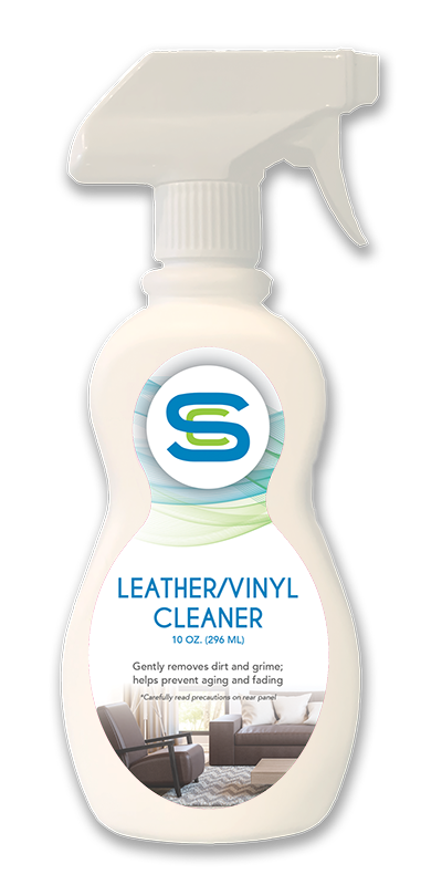 A bottle of leather and vinyl cleaner with a picture of a couch on the label.