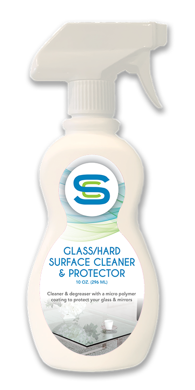 A bottle of glass hard surface cleaner and protector on a white background.