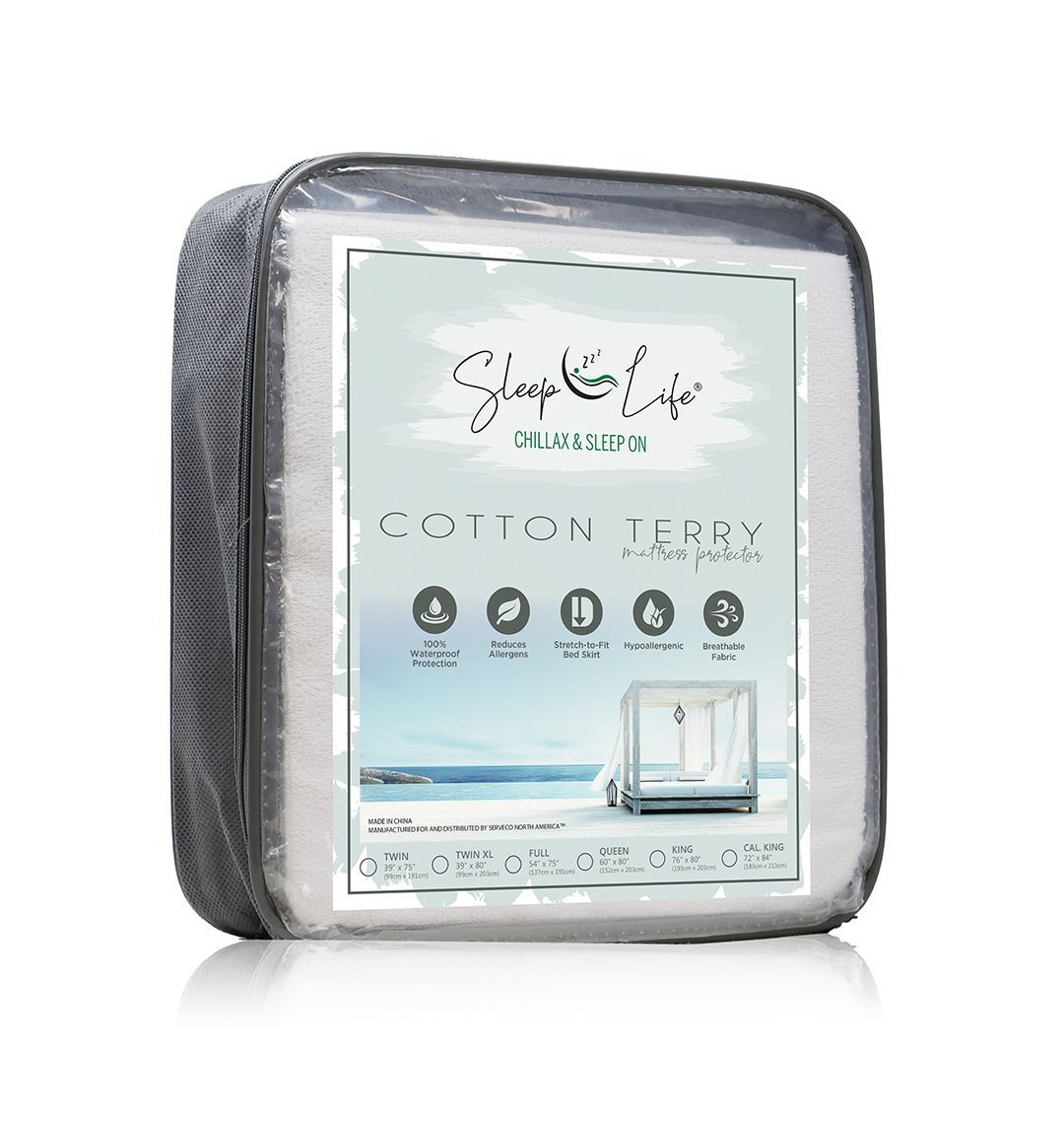 A white cotton terry mattress protector is in a plastic bag.