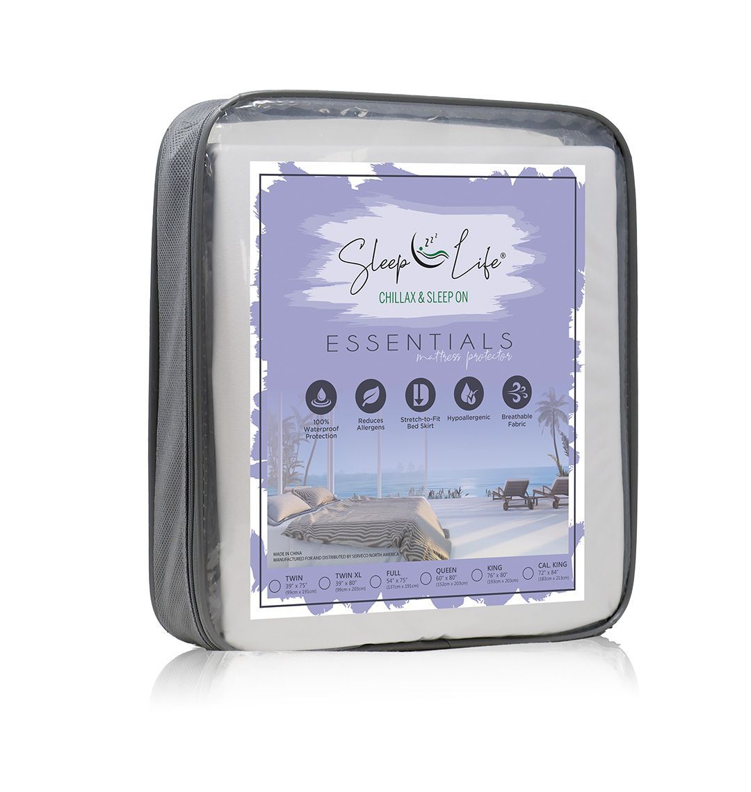 A white mattress protector is in a clear plastic bag.