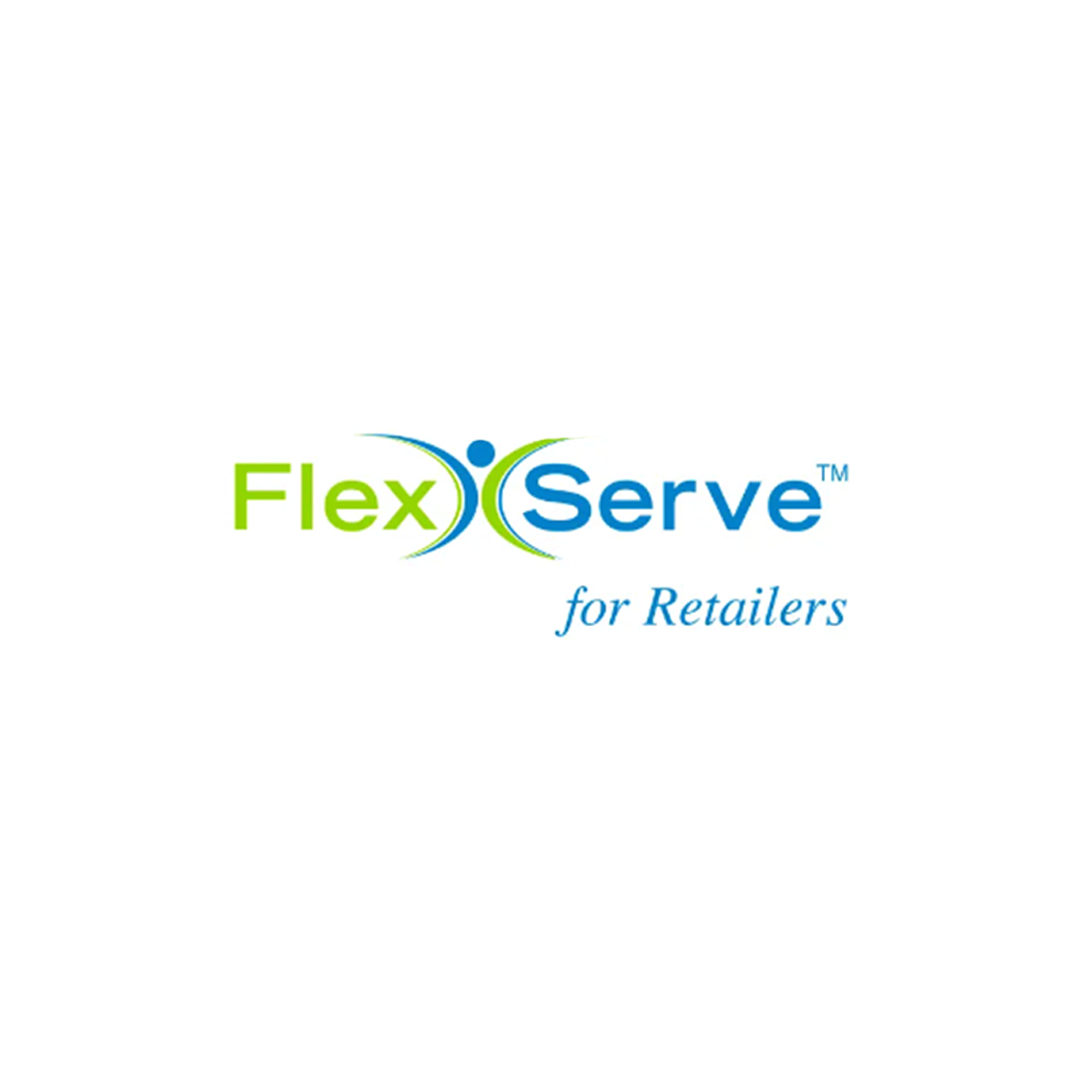 The logo for flex serve for retailers is blue and green