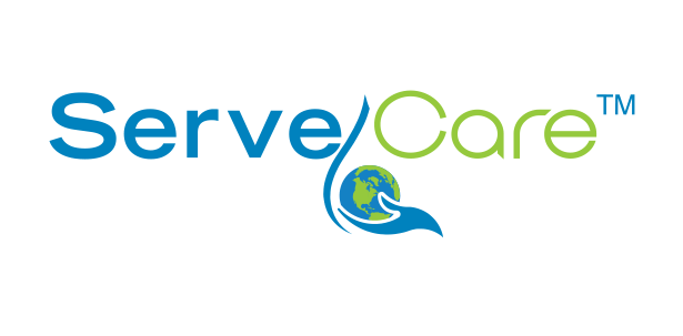 A logo for a company called serve care with a hand holding a globe.