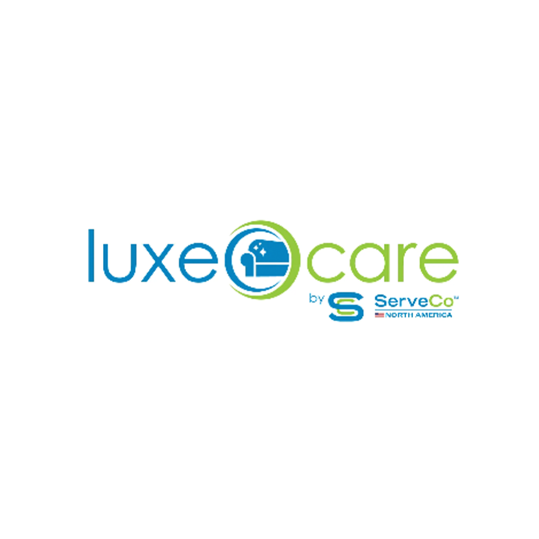 The logo for luxe care by serveco is blue and green.