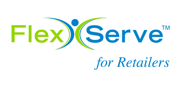 The logo for flex serve for retailers is blue and green