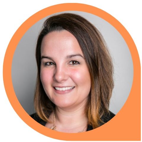 A woman is smiling in an orange circle.