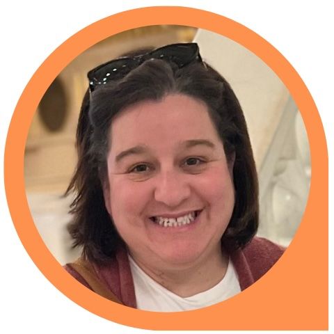 A woman wearing sunglasses is smiling in an orange circle.