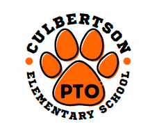 A logo for culbertson elementary school with an orange paw print