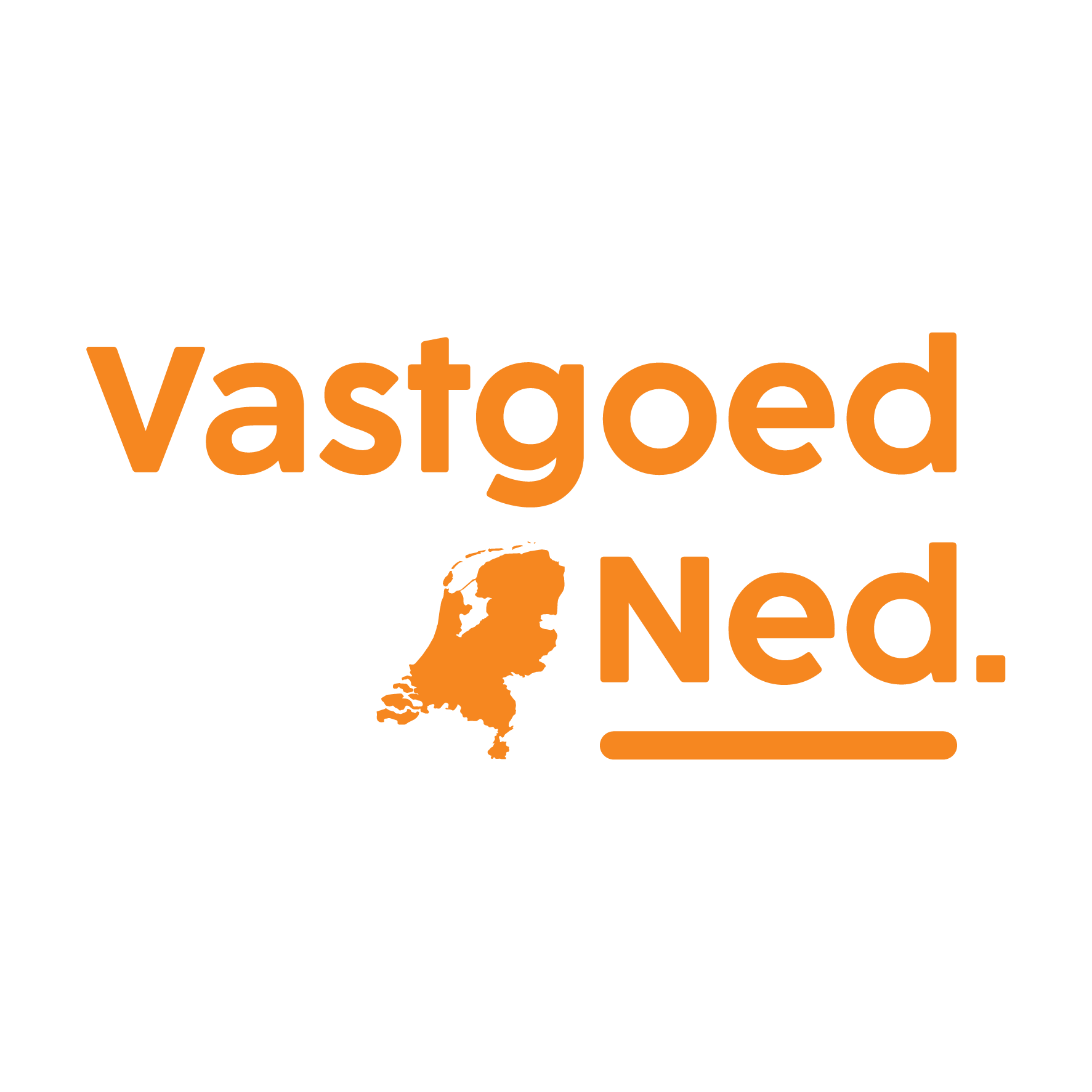 Oranje logo voor Vastgoed Ned met een gestileerde kaart van Nederland in plaats van de letter "N" in "Ned".