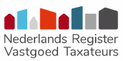 Logo voor Nederlands Register Vastgoed Taxateurs, met gestileerde, kleurrijke gebouwvormen boven de tekst.