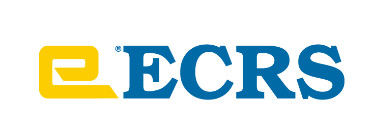 A blue and yellow logo for ecrs on a white background