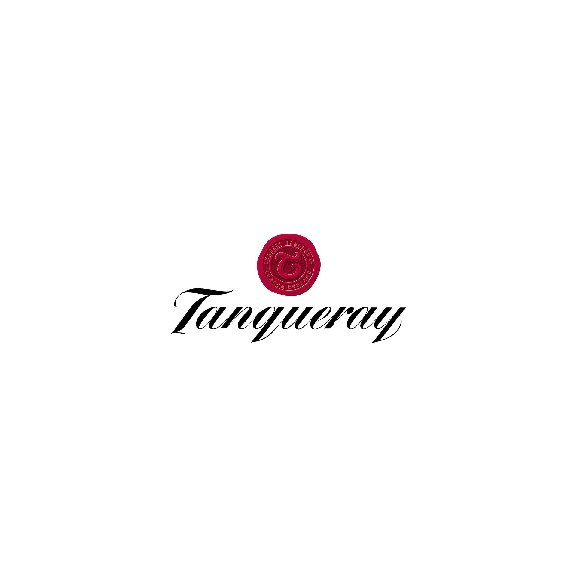 A tanqueray logo with a red rose in the middle on a white background.