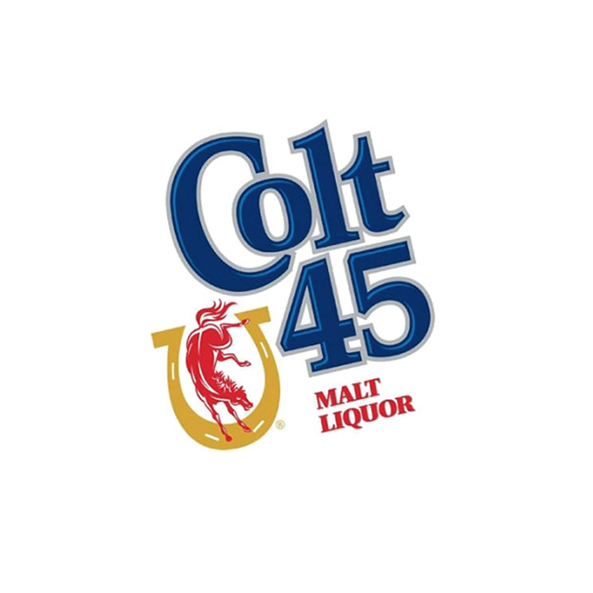 A logo for colt 45 malt liquor with a horseshoe and cowboy on it.