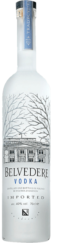 A bottle of belvedere vodka on a white background.