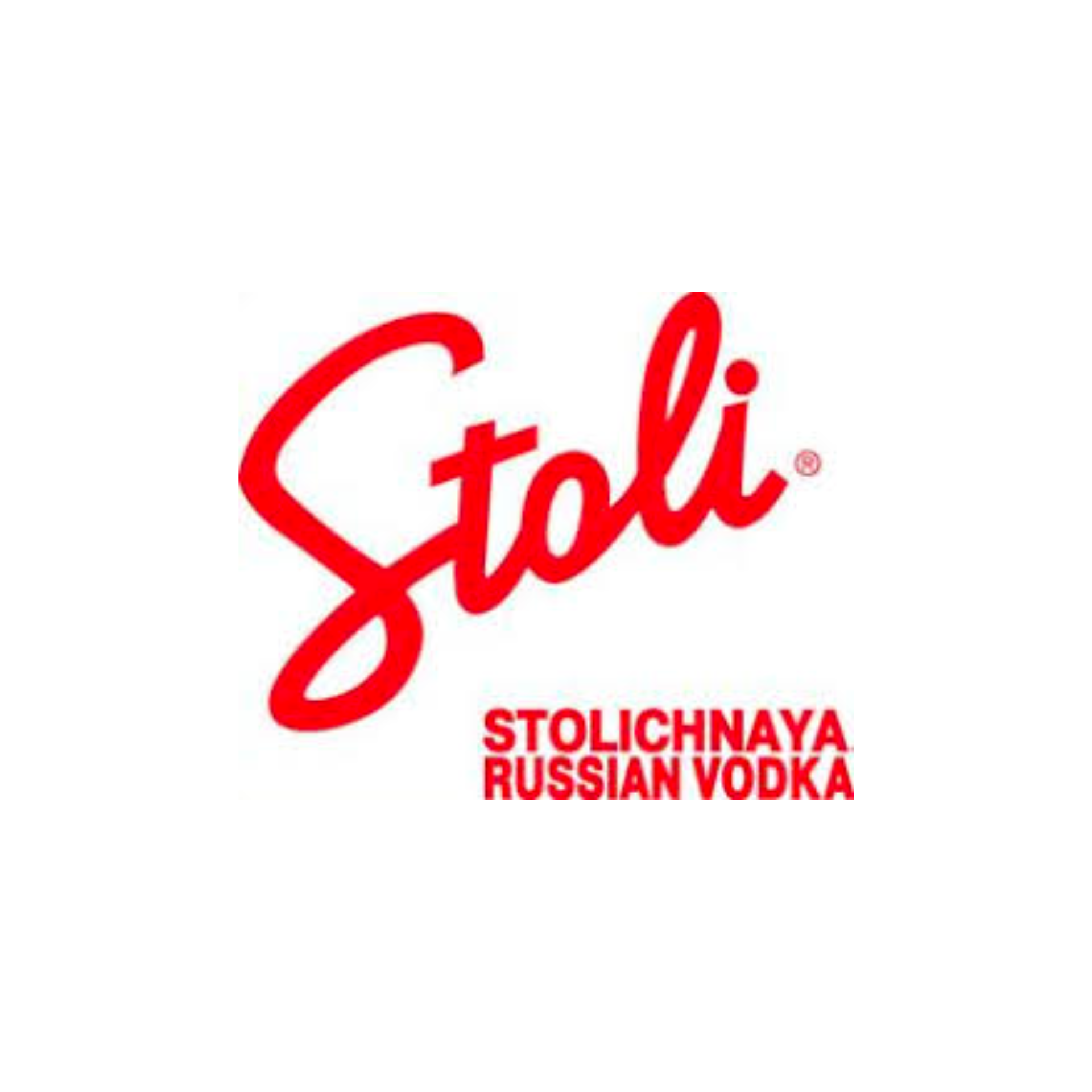 A red and white logo for stoli russian vodka